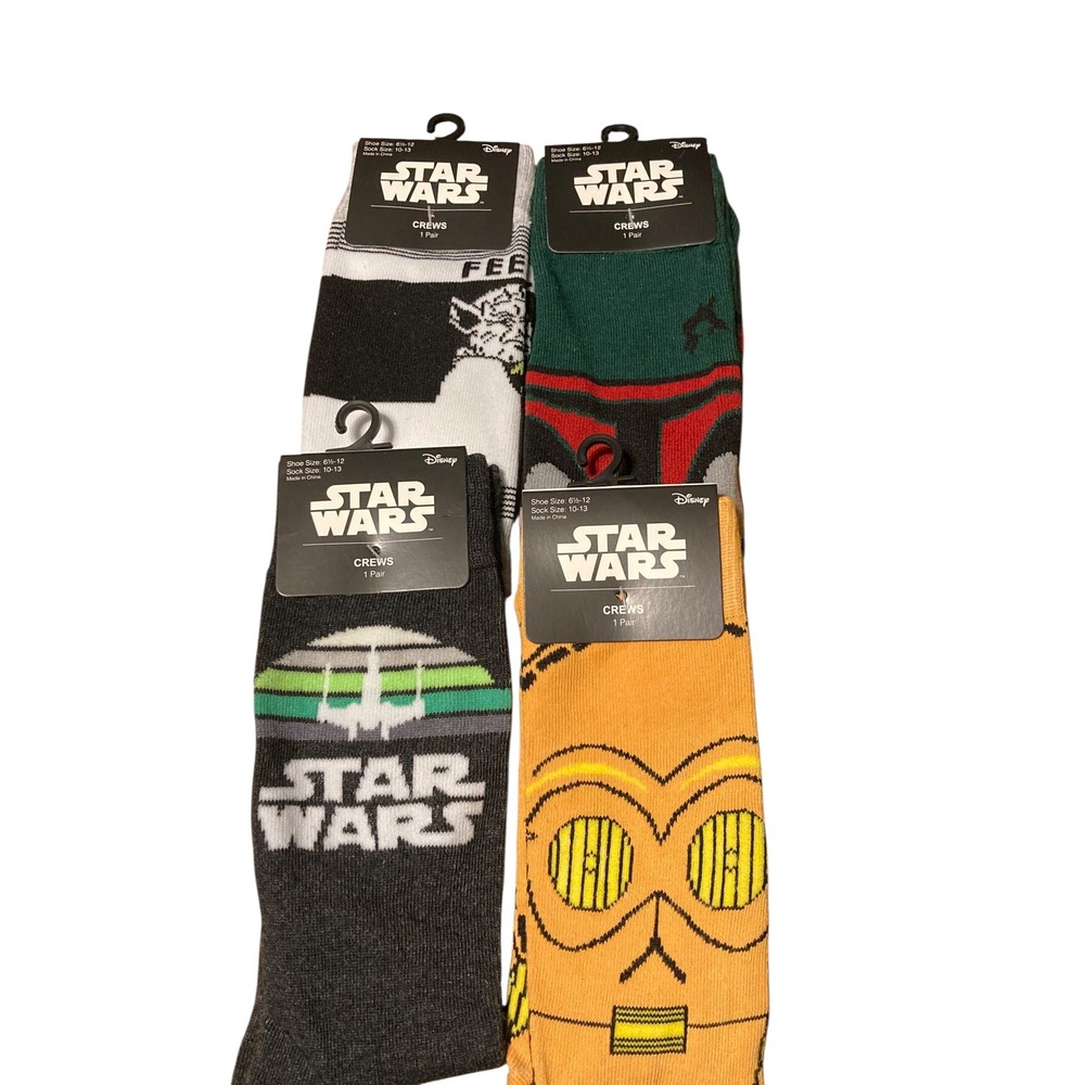 Star Wars Mens Crew Socks 4 Pack Yoda Boba Fett C-3PO X-Wing Size 10-13 NEW